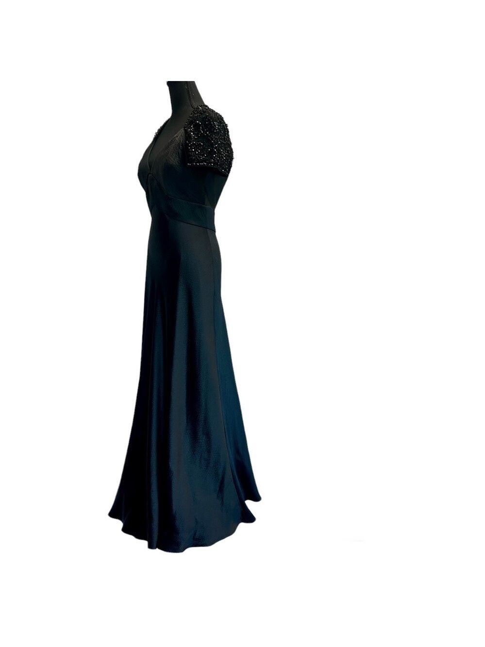 Badgley Mischka black beaded lace short sleeve silk formal evening gown 8 NWOT - Picture 5 of 17